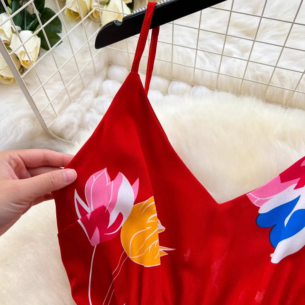 Floral Print Maxi Dress High Waist Spaghetti Strap Backless