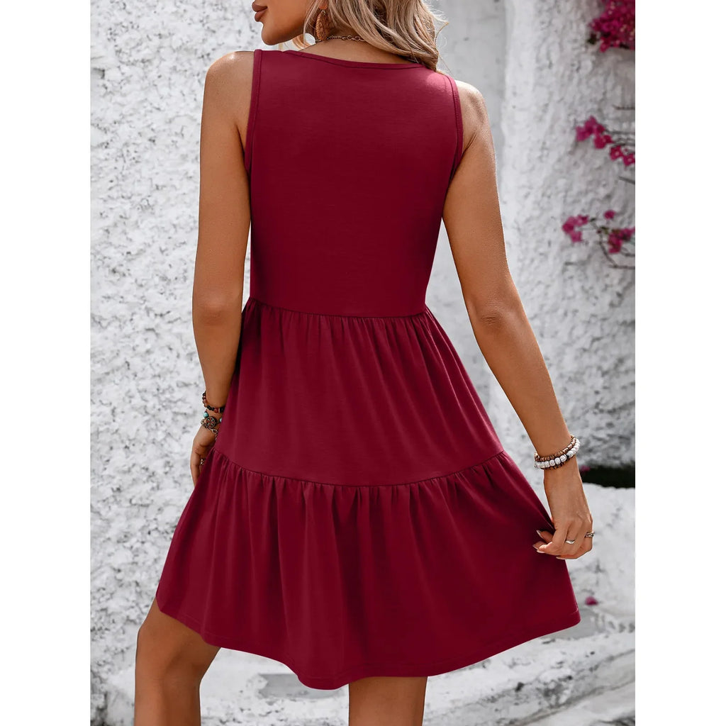 Girls Knee Length V Neck Pleated Patchwork Sleeveless Dress