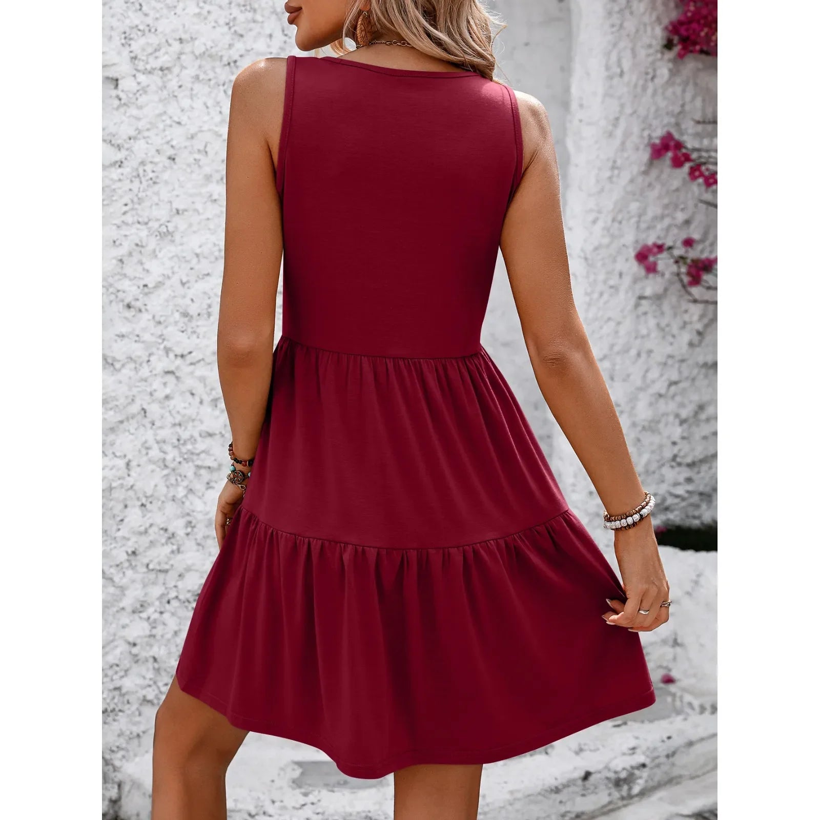 Girls Knee Length V Neck Pleated Patchwork Sleeveless Dress