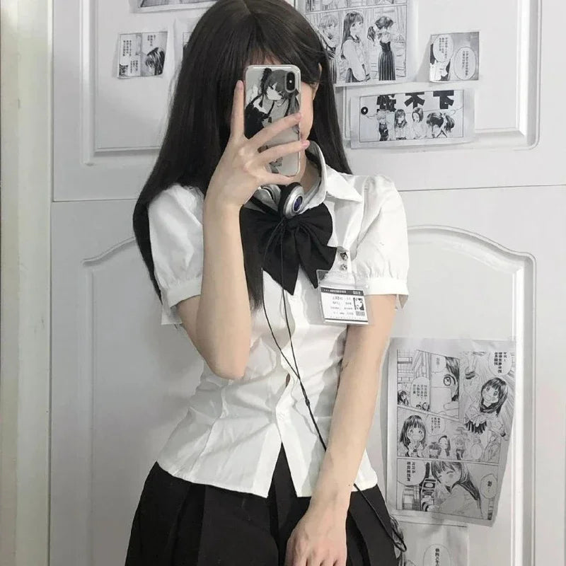 Slim Fit White Short Sleeve Blouse for Women with Sweet Bow Tie Neck Preppy JK Style Shirt
