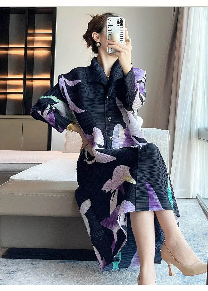 Printed Floral Midi Dress With Pleated Sleeves And Lapel