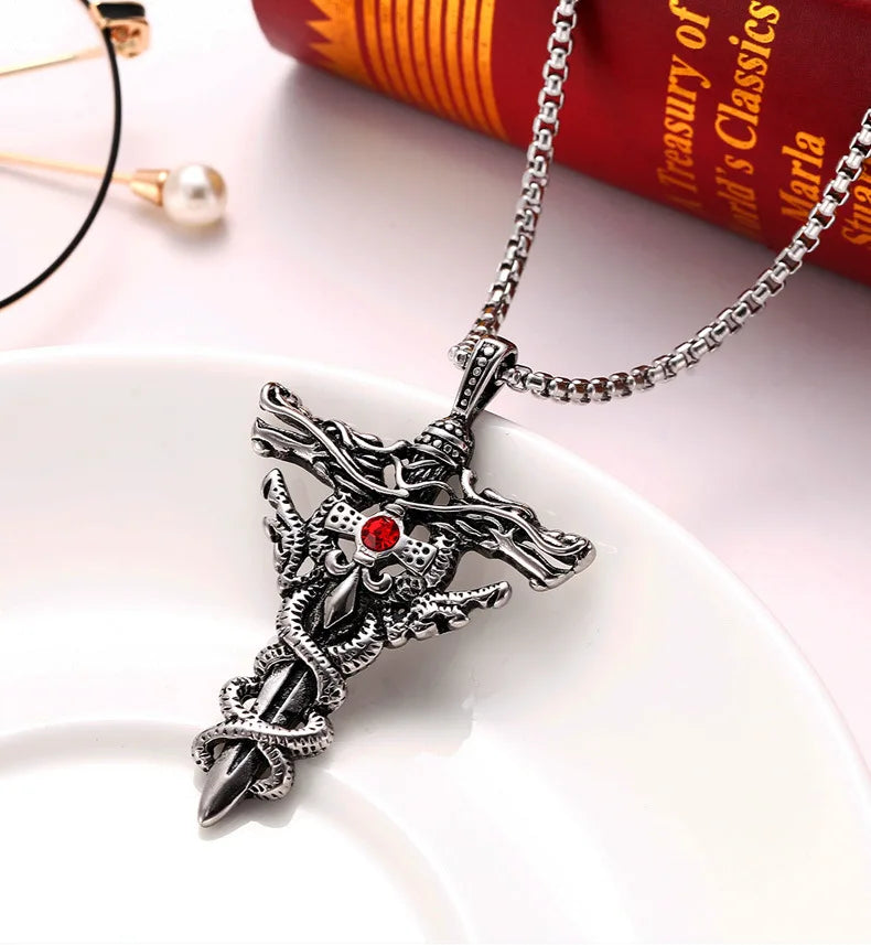 Punk Fashion Titanium Steel Necklace with Double Dragon Sword Pendant and Evil Eye Cross for Men