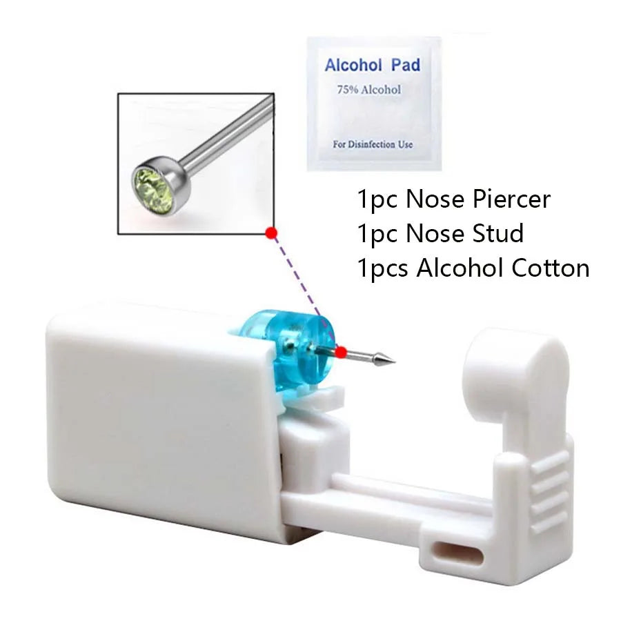 Disposable Nose Piercing Gun Kit with Built-In Crystal Nose Stud for Easy Piercing