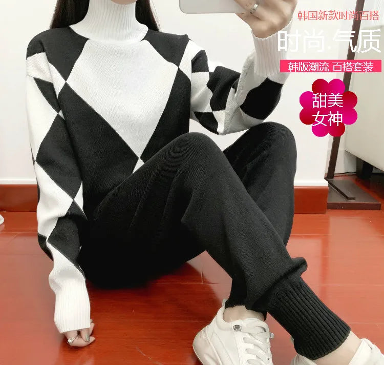 Women's Thick Soft Knitted Sweater and Long Pant Set Casual 2PCS Track Suit for Autumn and Winter