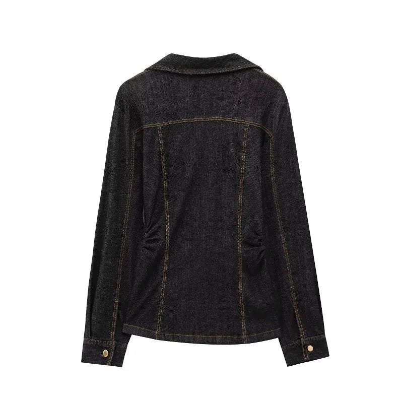 Denim Two Piece Women's Outfit with Button Up Shirt and High Waist Trousers Set