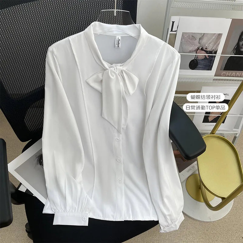 Women's White Chiffon Long Sleeve Blouse Elegant Korean Style Office Shirt Lightweight Temperament Workwear Top
