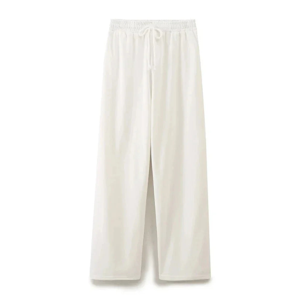 Women's Solid Casual Trouser Set with Short Sleeve T-Shirt and Elastic Waist Wide Leg Pants