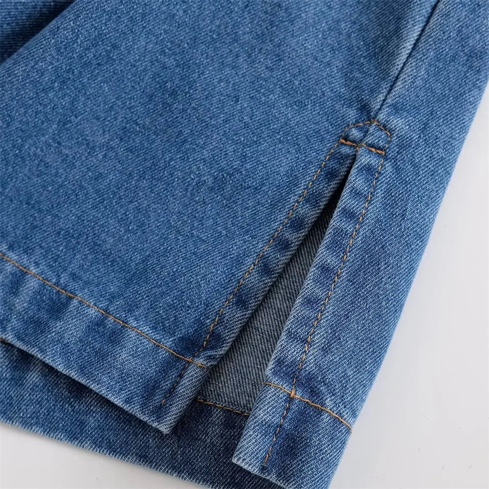 Solid Color V-Neck Loose Denim Pullover Top and High Waist Trousers Set for Women