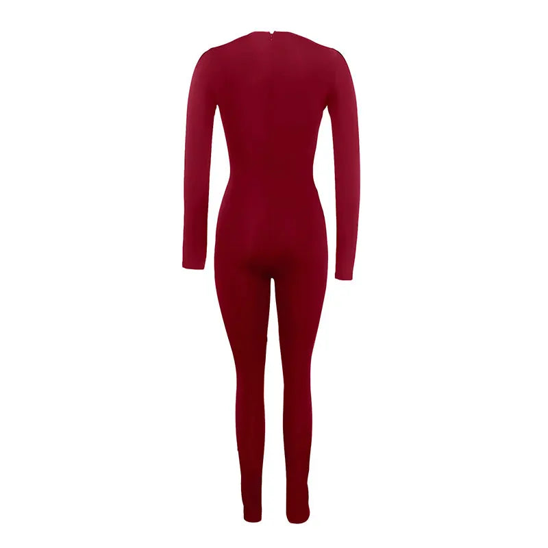Autumn Red Long Sleeve Jumpsuit For Women Slim Fit O-Neck Bodycon Casual Sporty Streetwear Romper
