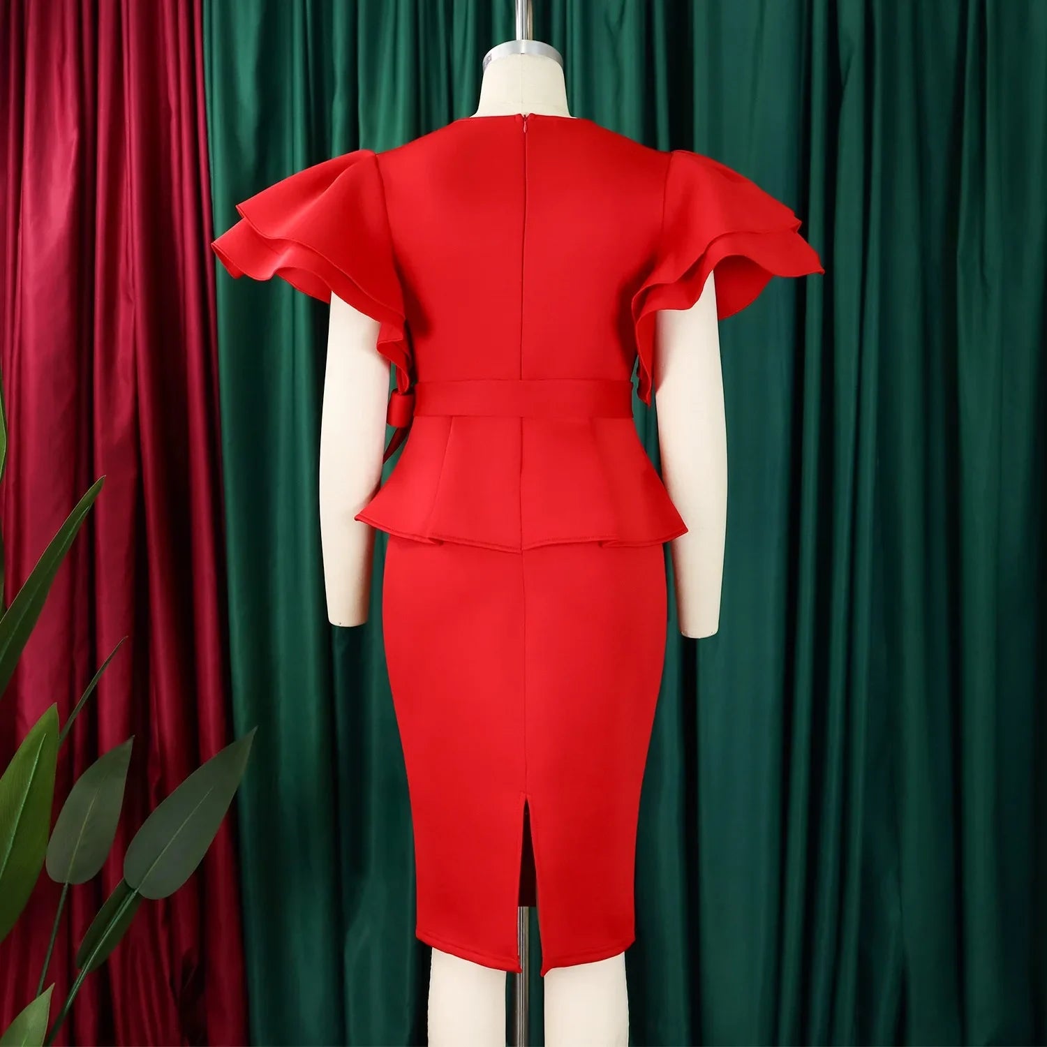 V Neck Bodycon Midi Dress With Ruffle Sleeves For Women