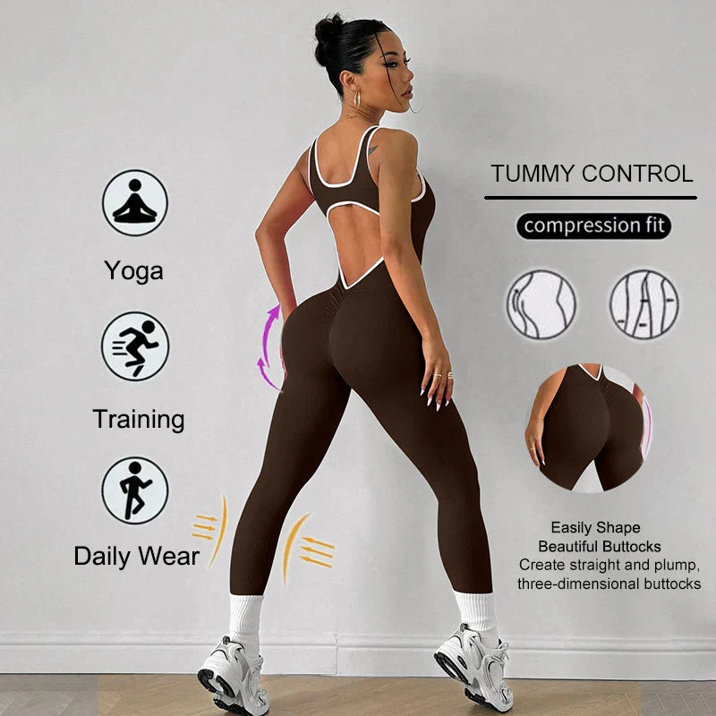 Seamless Women's Yoga Jumpsuit with Deep V Back Sleeveless Design High Stretch Lightweight Sportswear for Gym and Casual Wear