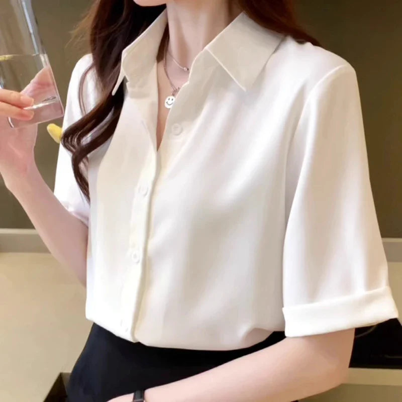 Women's Summer Short Sleeve V-Neck Chiffon Blouse Loose Fit Casual Office Pullover Shirt