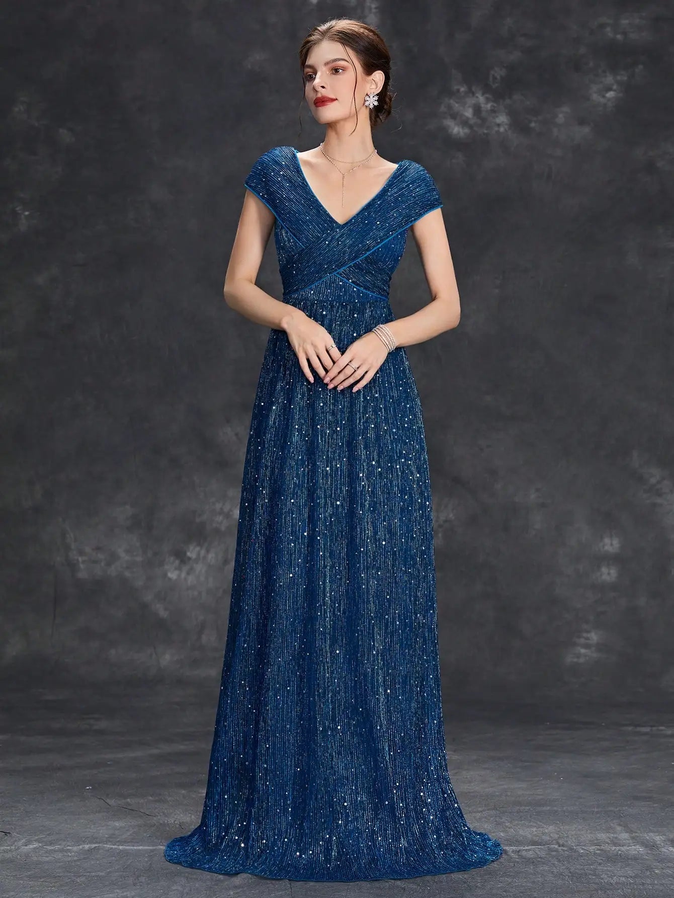 V-Neck Evening Gown with Mesh Details A-Line Full Skirt