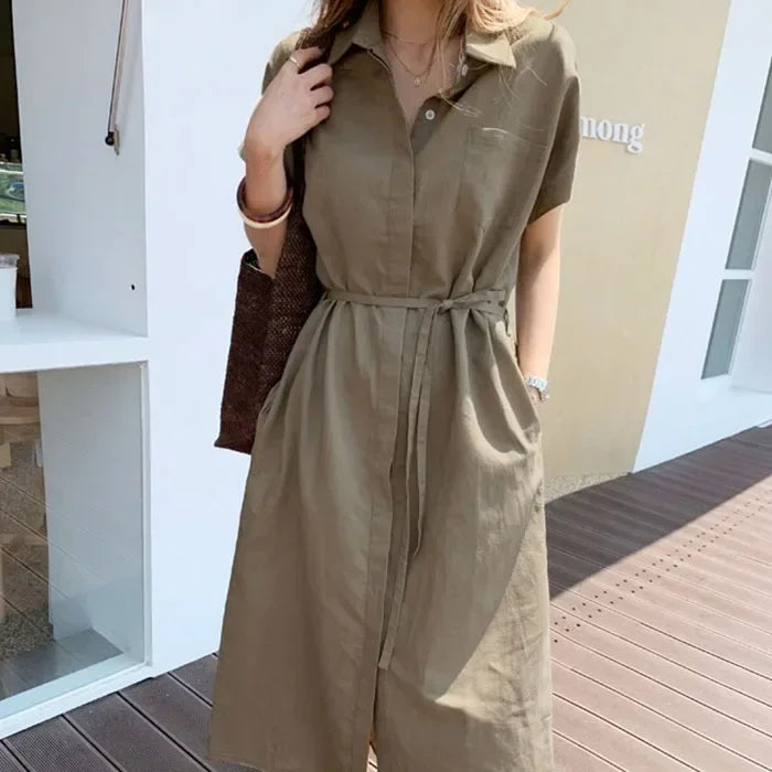 Cotton Linen Shirt Dress for Women High Waist Pocket Lace