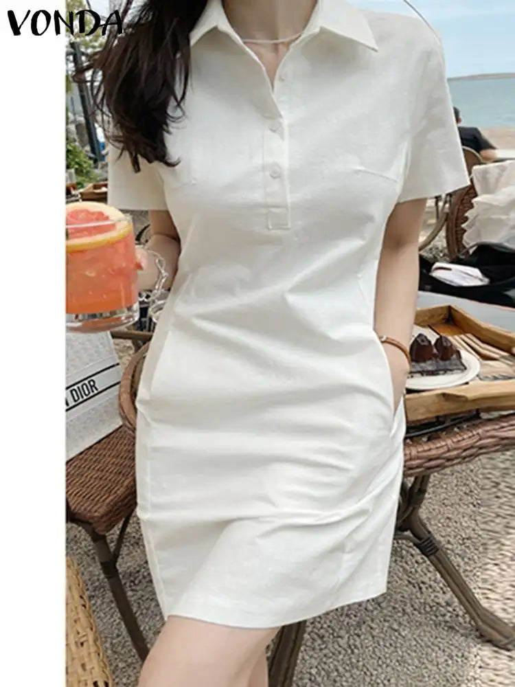 Summer Mini Dress Women Short Sleeve Solid Color Sundress