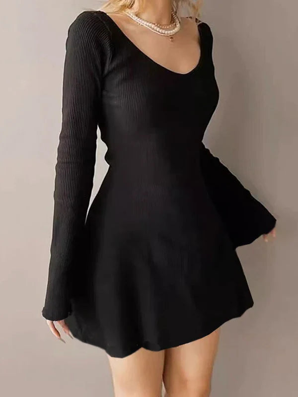 Solid Color Back Strap Waist Cinch Dress For Women Autumn
