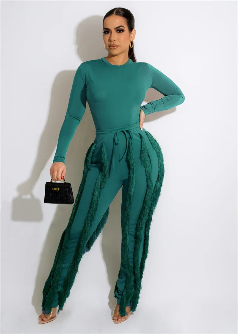 Elegant 2 Piece Women's Outfit Long Sleeve Bodysuit Top and Tassel Pants Set for Autumn Winter