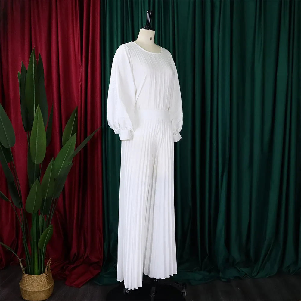 Elegant 2 Piece Women's Outfit with O Neck Blouse and High Waisted Wide Leg Pants Set