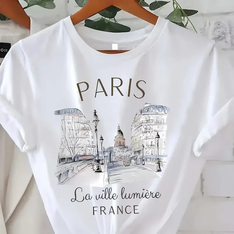 Paris Print Women's T-Shirt - Soft Breathable Short Sleeve Crew Neck Summer Tee