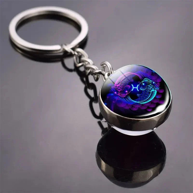 Luminous Zodiac Key Chain Double Sided Glass Ball Pendant for Men and Women Birthday Gift