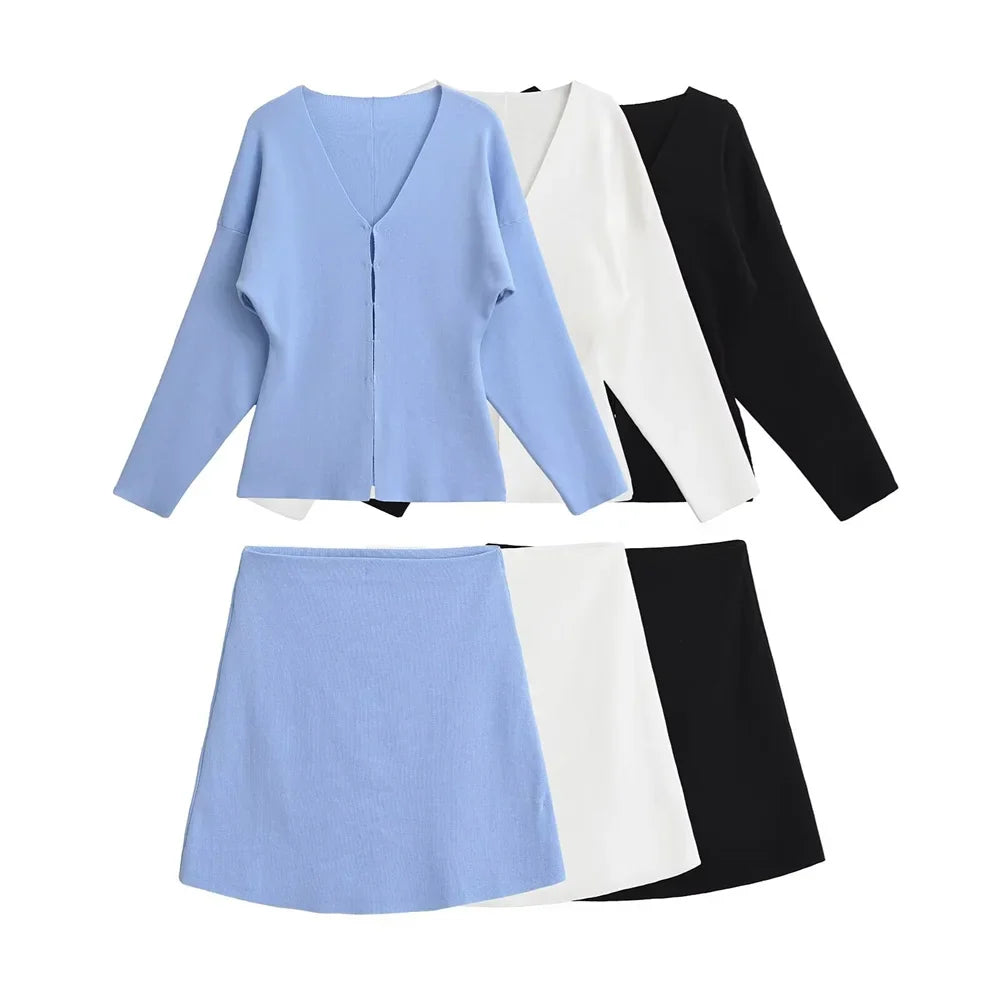 Women's Casual V-Neck Long Sleeve Knitted Cardigan and Short Skirt Set Slim Fit Stylish Two-Piece Outfit