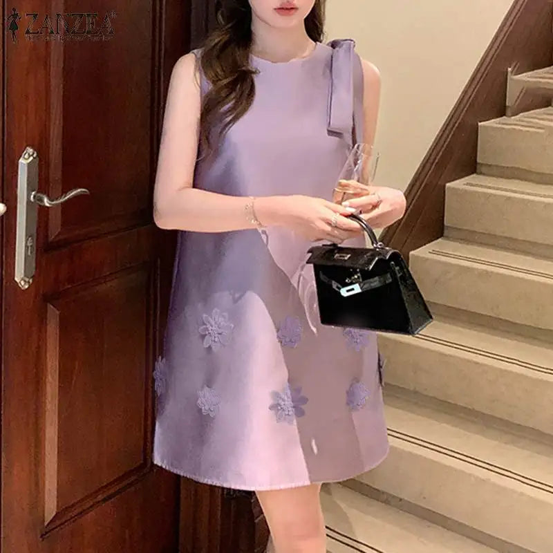 Elegant Korean Flower Bow Sleeveless Mini Dress For Women