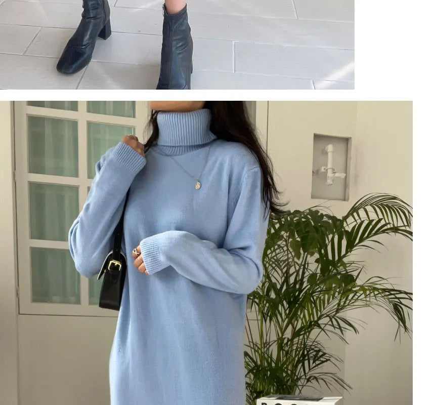 Cozy Turtleneck Sweater Dress For Women Knitted Long Sleeve