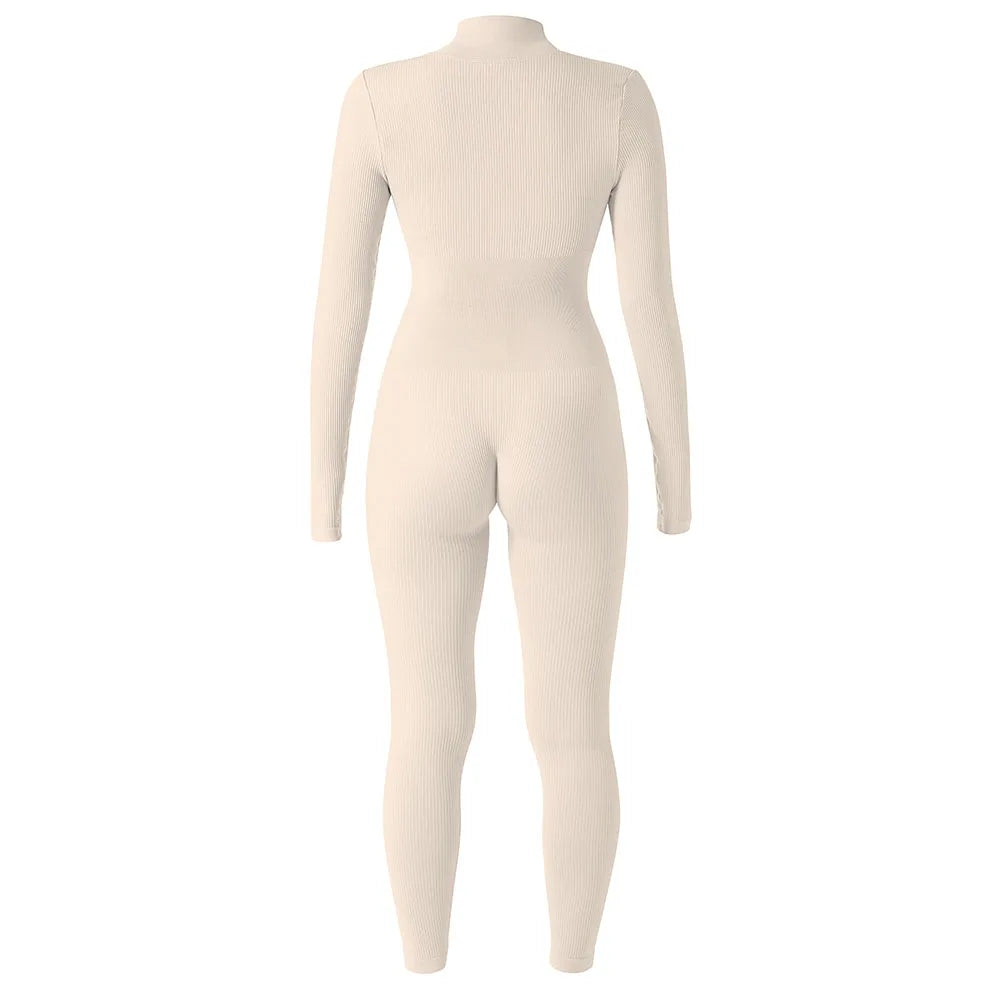 Women's Long Sleeve Solid Bodycon Jumpsuit Zipper Romper Summer Bodysuit Streetwear Overalls Sportswear