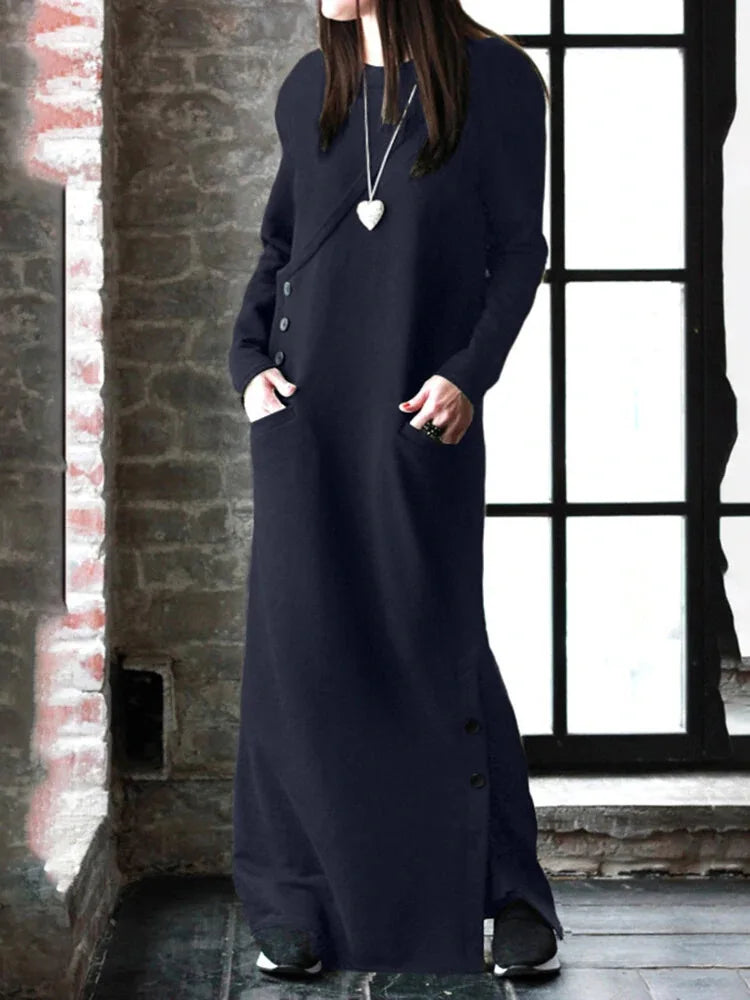 Women Winter Warm Maxi Dress With Fleece Lining Long Sleeve
