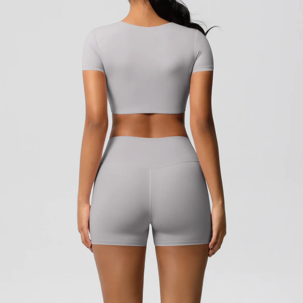 2PCS Women's Fitness Yoga Set High Waist Shorts with Short Sleeve Gym Top Seamless Sportswear Tracksuit for Activewear