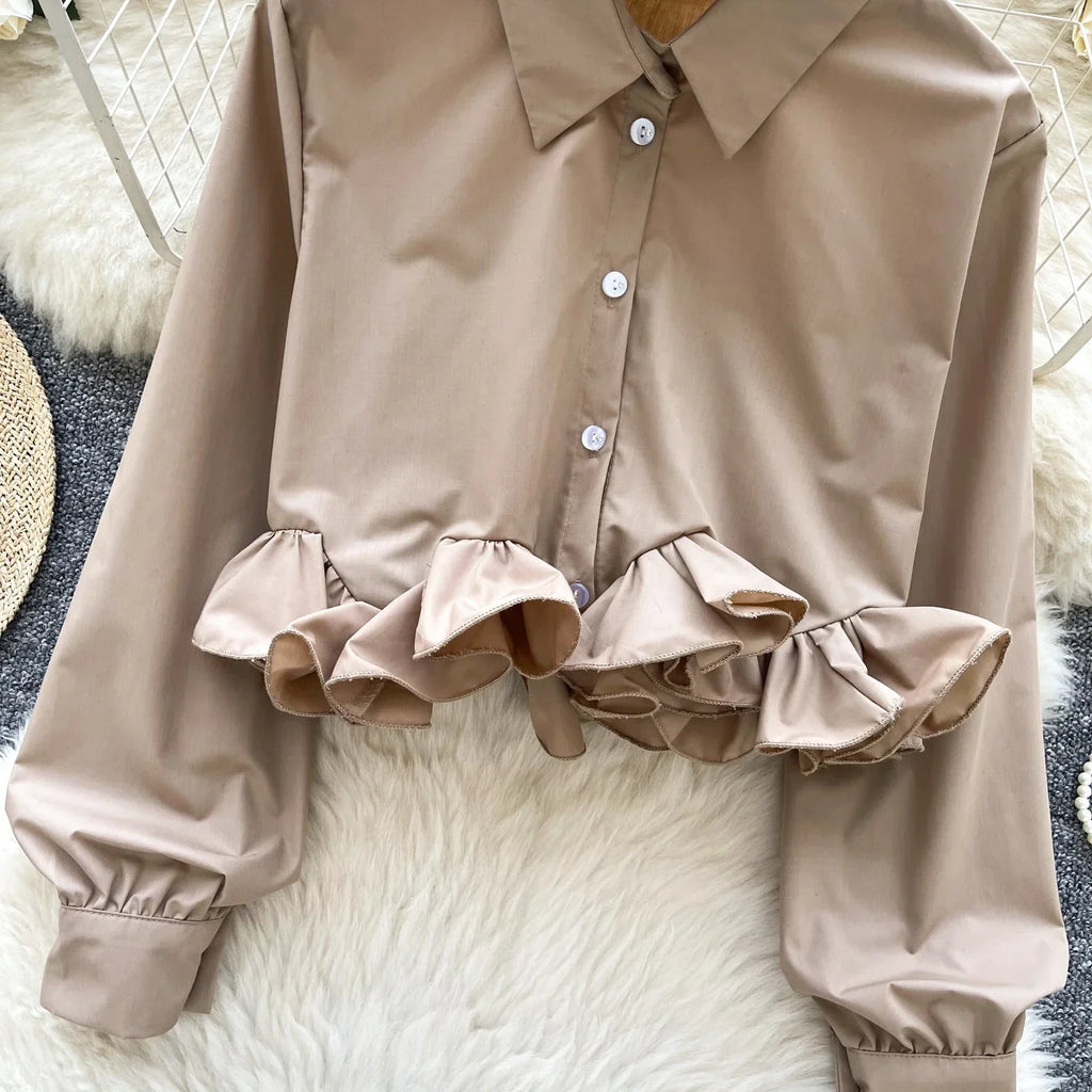 Women's 3D Floral Long Sleeve Blouse Single Breasted Turn-Down Collar Slim Fit Solid Color Shirt