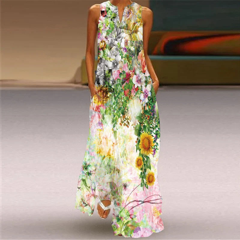 Sleeveless V Neck Printed Maxi Dress for Summer Heat