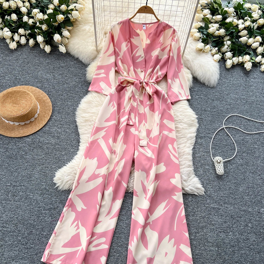 Women's Summer V-Neck Short Sleeve Lace-Up Waist Slim Fit Wide-Leg Printed Jumpsuit with Loose Straight Leg Design