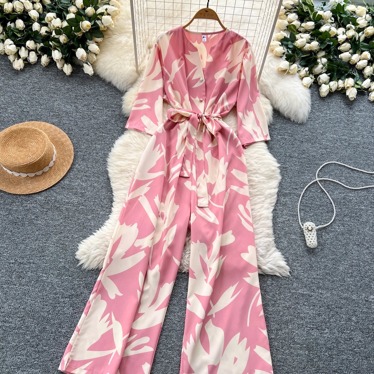 Women's Summer V-Neck Short Sleeve Lace-Up Waist Slim Fit Wide-Leg Printed Jumpsuit with Loose Straight Leg Design