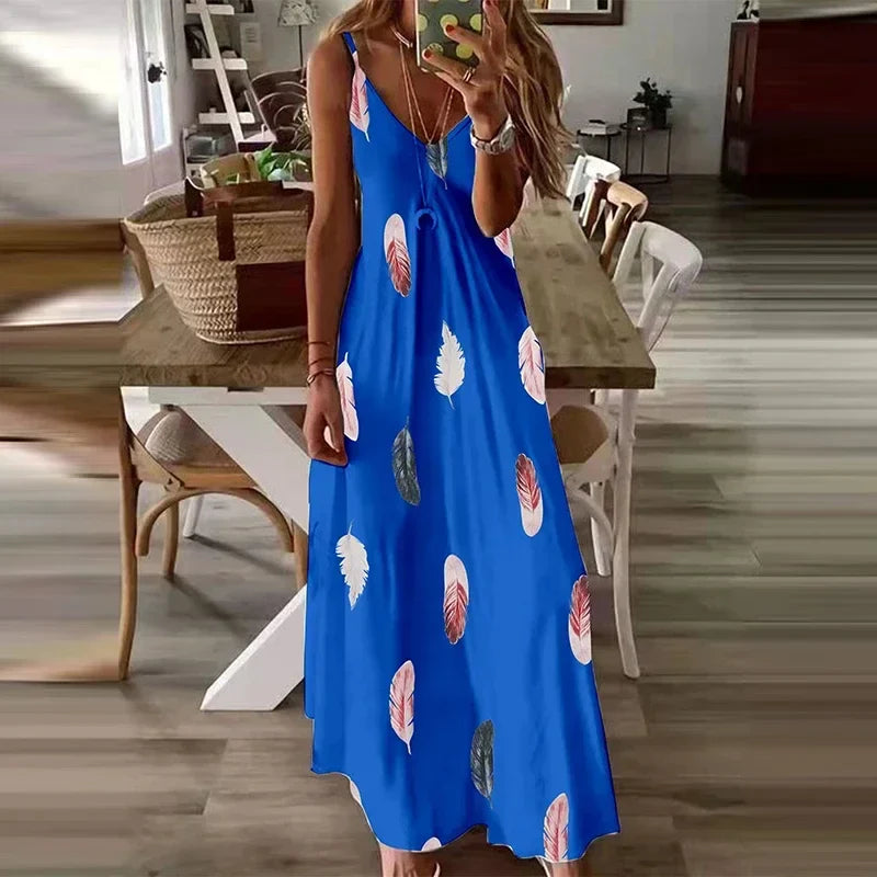 Feather Print Maxi Dress V Neck All Season Comfort Stretch