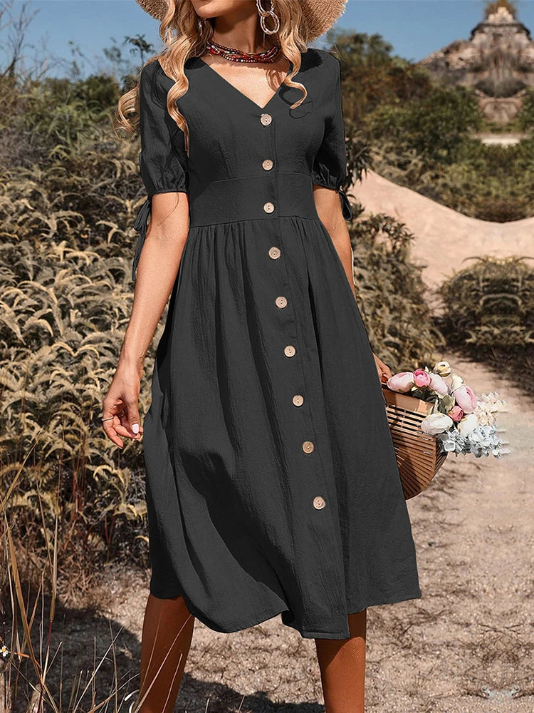 Women's V Neck Button Down Midi Dress Aline Sundress