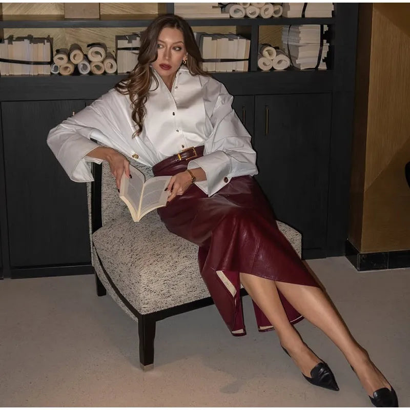 White Chiffon Shirt for Women with Lapel Collar Lantern Sleeves Single Breasted Irregular Hem Loose Fit Blouse Elegant Casual Top