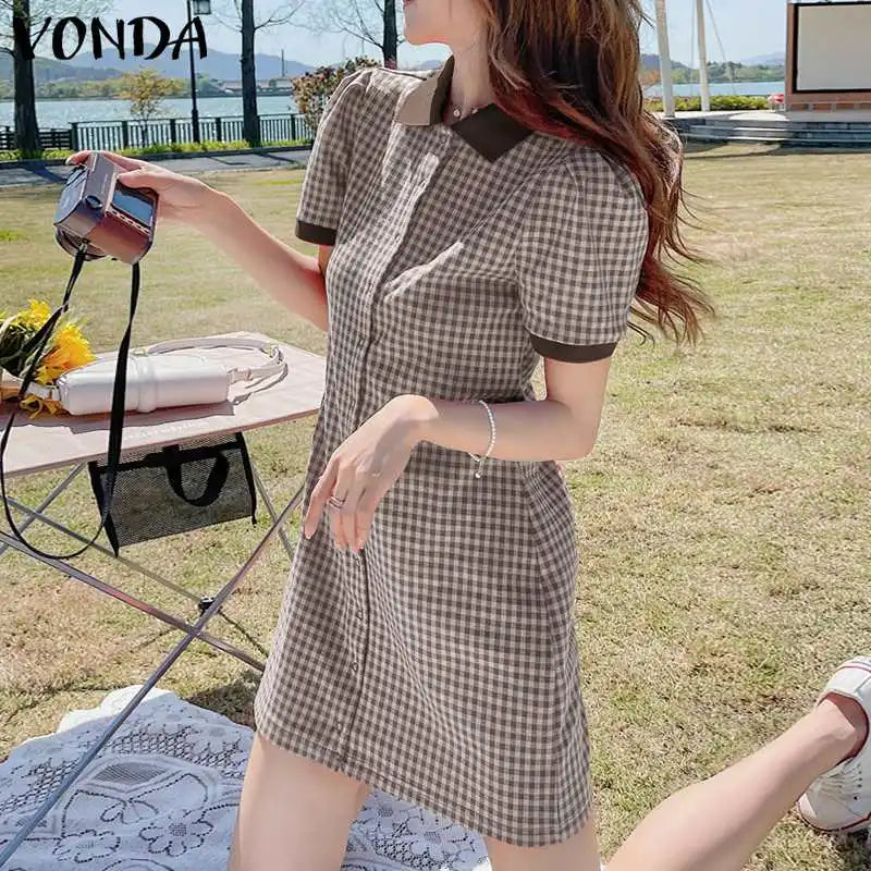 Boho Plaid Mini Dress Puff Sleeve A Line Sundress Style