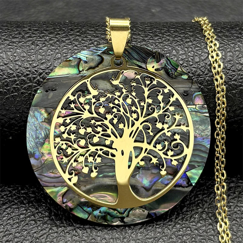 Tree of Life Abalone Shell Necklace Gold Color Stainless Steel Boho Jewelry for Weddings and Special Occasions