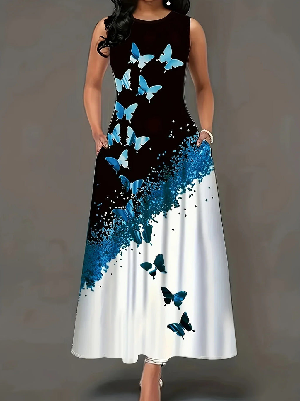 Butterfly Print A Line Summer Dress Front Pockets Style