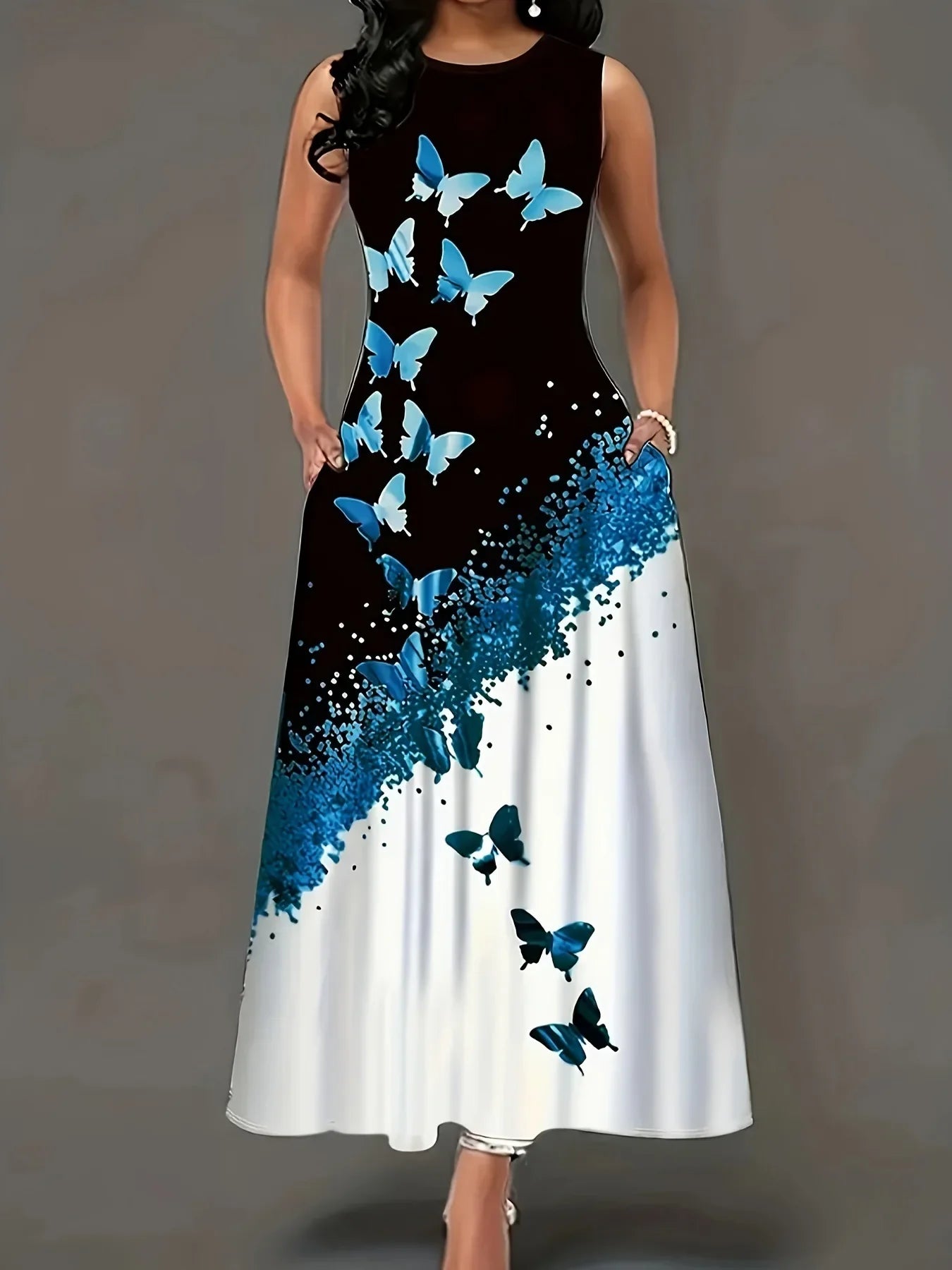 Butterfly Print A Line Summer Dress Front Pockets Style