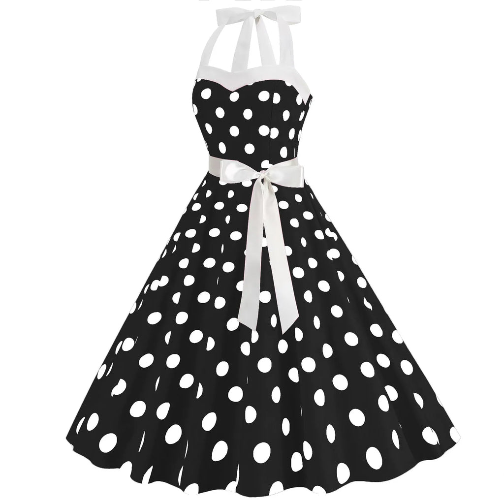 Ladies Vintage Polka Dot Backless Lace Up Swing Dress