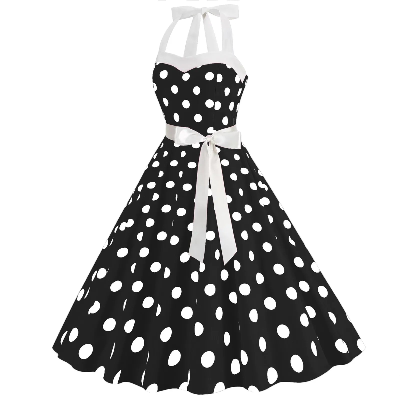 Ladies Vintage Polka Dot Backless Lace Up Swing Dress