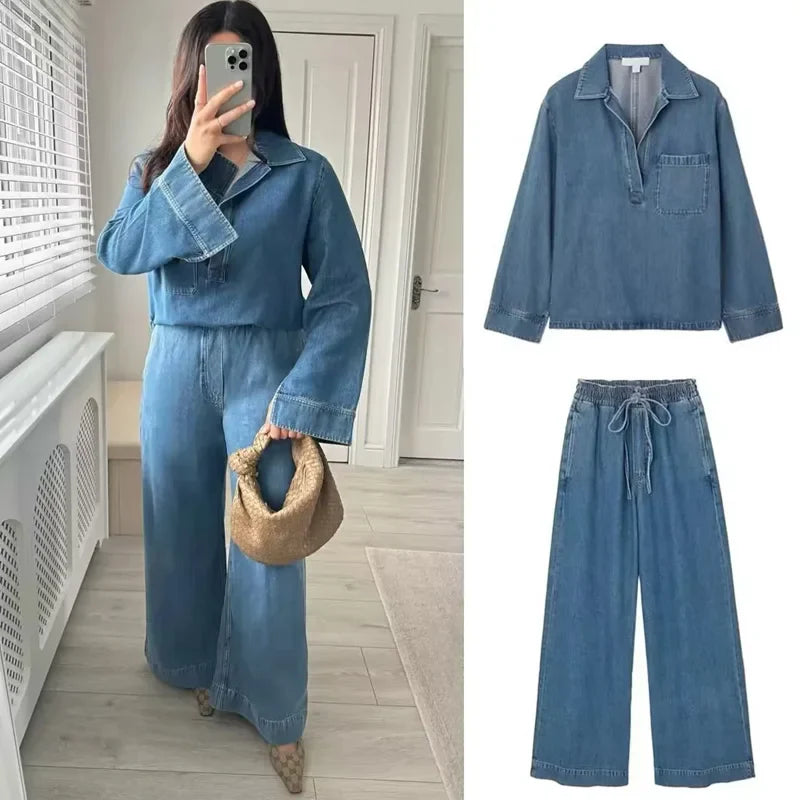 Blue Oversized Shirt and Wide Baggy Denim Pants Two-Piece Set Casual Autumn Jean Outfit for Women