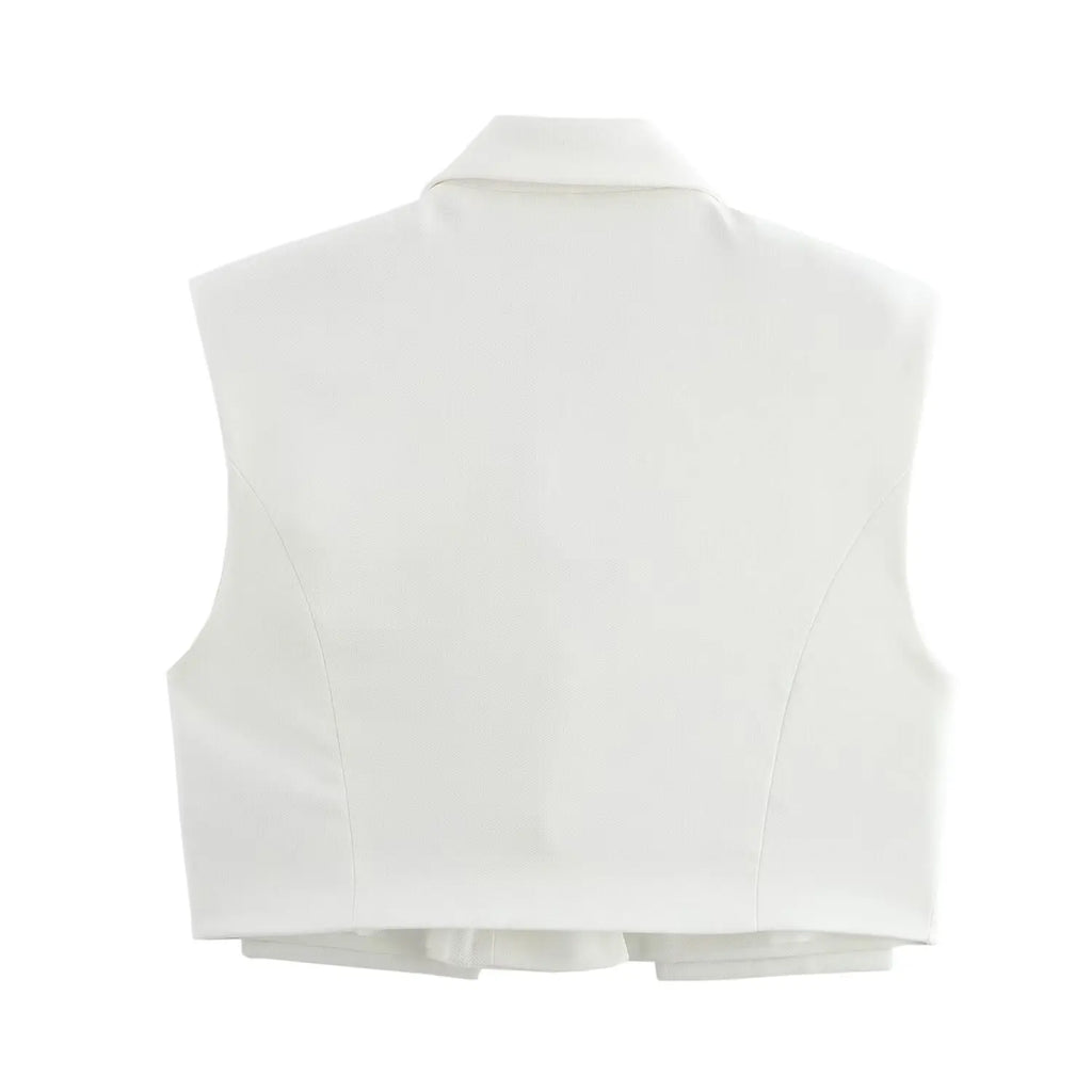 Women Chic Cropped Vest Pants Suit with Lapel and Single Button High-Waist Zip Straight-Leg Trousers Set