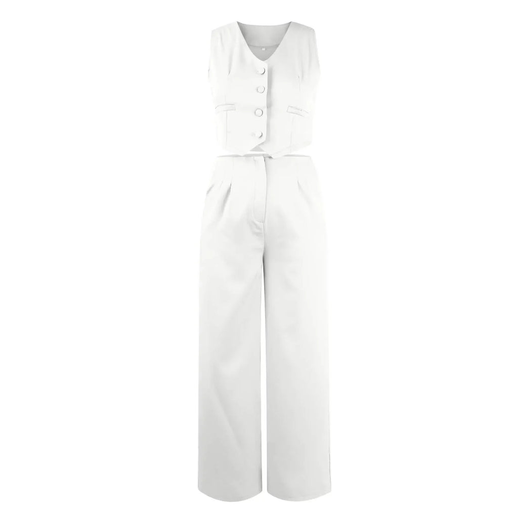 Sleeveless V-Neck Vest and High Waist Wide Leg Pant Set for Women Casual Chic Vintage Elegant Two Piece Outfit for Office and Everyday Wear