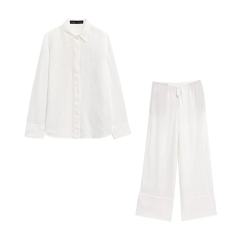 Wide Leg Pants Set for Women Casual Two Piece Outfit with Long Sleeve Shirt and Top