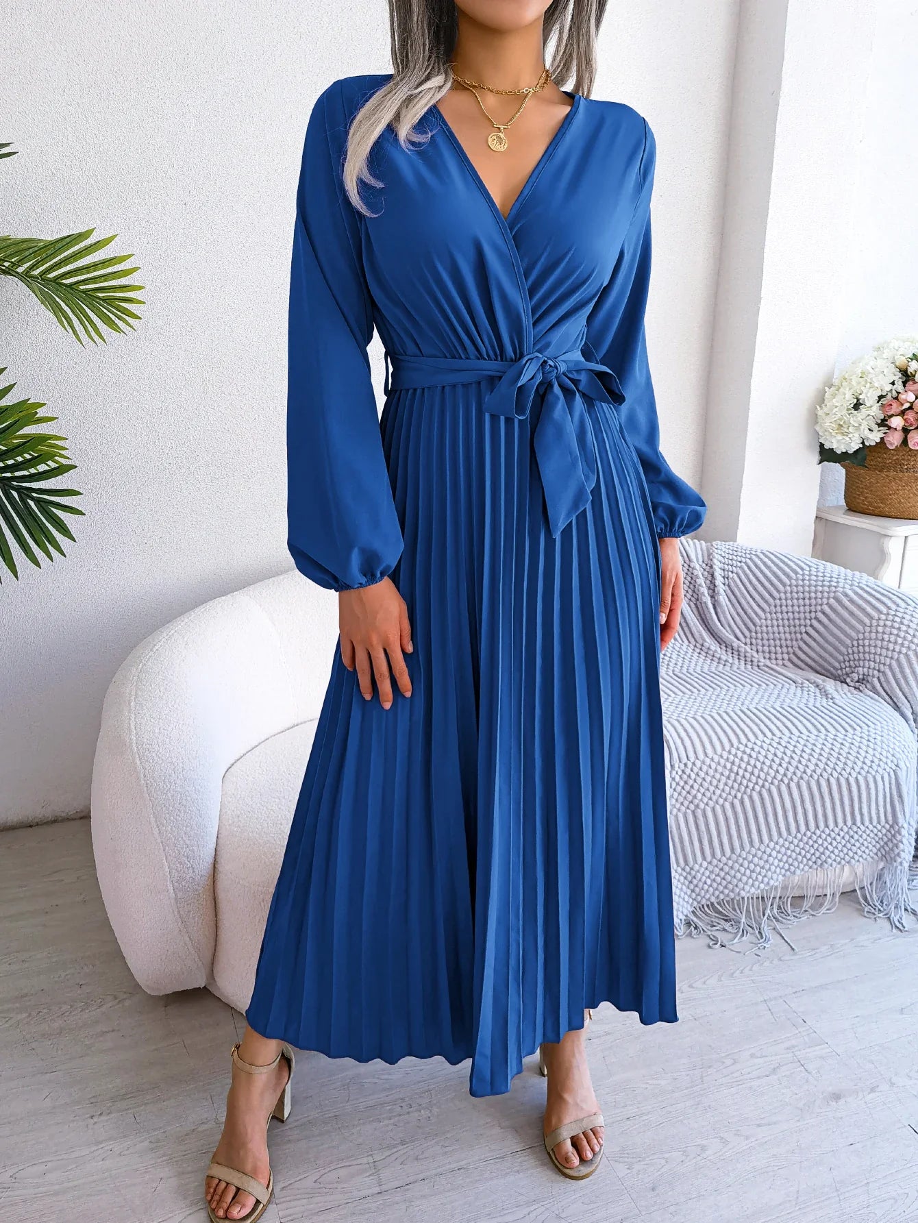 Elegant Surplice Neck Pleated Maxi Dress With Belt Flair