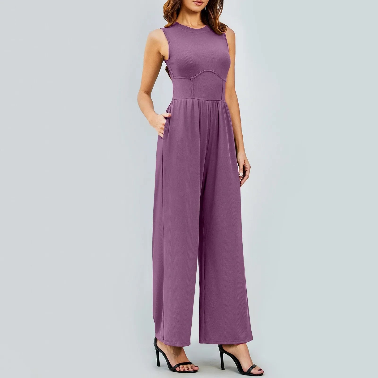 Women Sleeveless High Neck Ribbed Tank Top Jumpsuit Wide Leg Pants Romper with Tummy Control and High Waist Casual Summer Outfit
