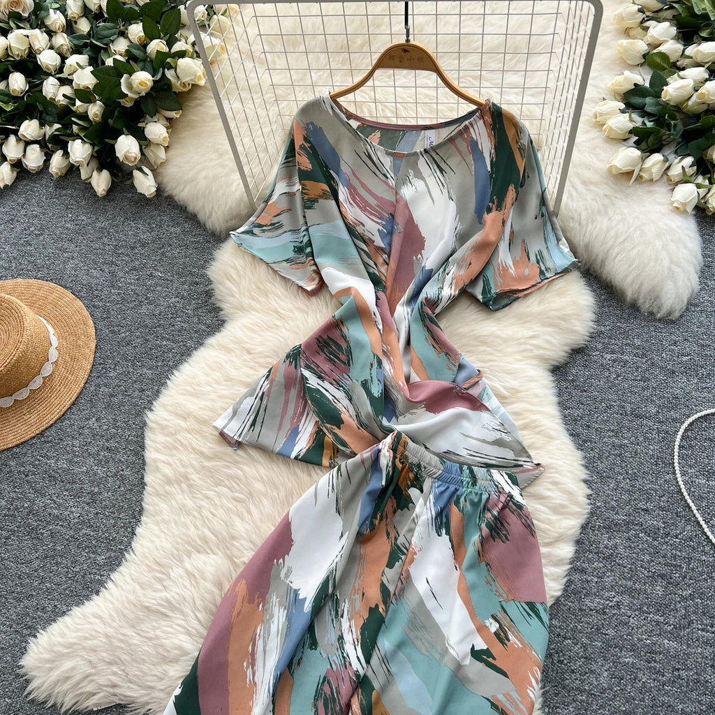 Printed Women Summer Fashion Two Piece Set with Short Sleeve Top and Wide Leg Long Pants for Casual Streetwear Outfits